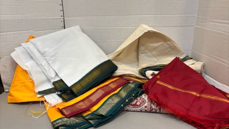 lot 1818 image: Lot of Assorted Folded Fabric Pieces with Woven Metallic-Look Borders