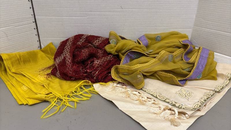 lot 1820 image: Lot of 4 Fringed Scarves and Shawls