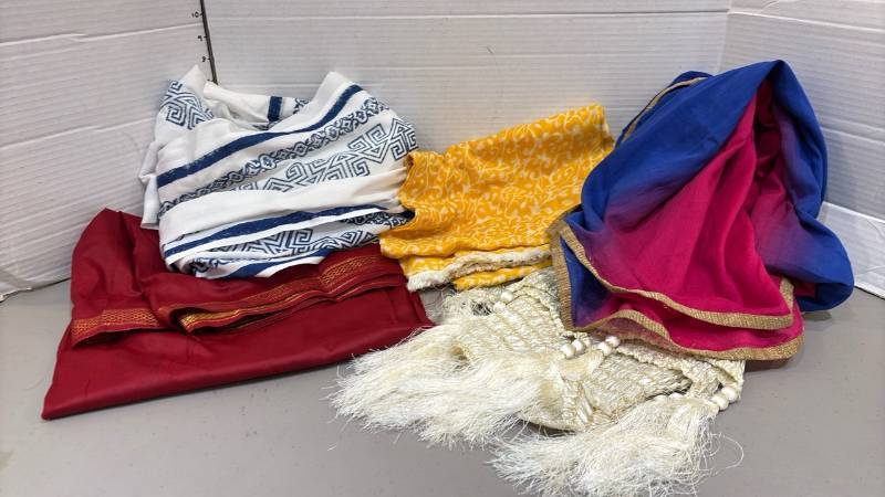lot 1822 image: Lot of 5 Assorted Fabric Scarves and Wraps With Trim and Fringe