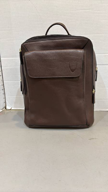 lot 1825 image: Brown Leather Backpack with Front Flap Pocket and Multiple Zippered Compartments