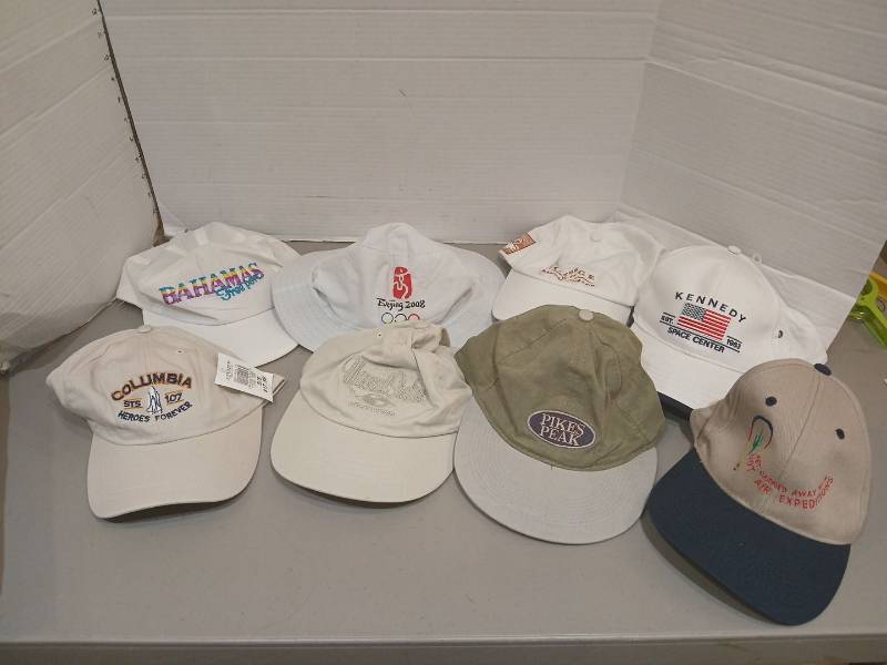 lot 1830 image: Lot of 8 Logo Baseball Caps incl. Beijing 2008, Kennedy Space Center, Pikes Peak