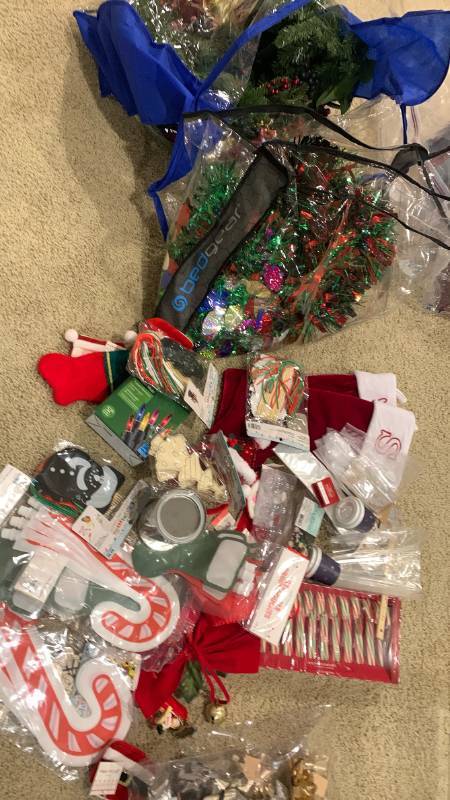 lot 2001 image: Christmas decor and supplies bows candy canes stockings ornaments and more
