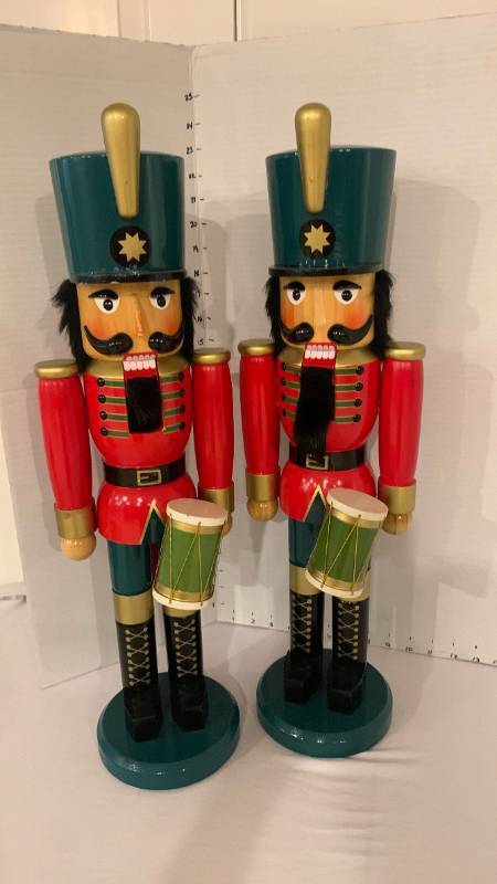 lot 2004 image: Nutcracker Drummer Soldier Figurines Set of 2 24 inches tall - one is missing his nose