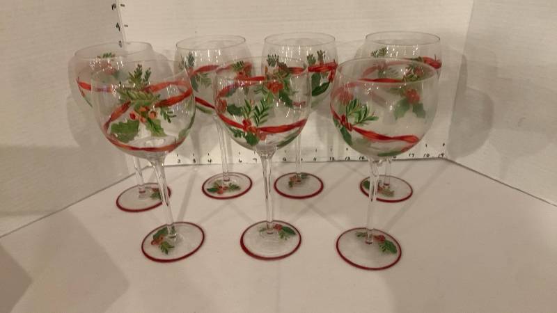 lot 2007 image: Holly and Red Ribbon Decorated Wine Glasses Lot of 7 Clear Glass