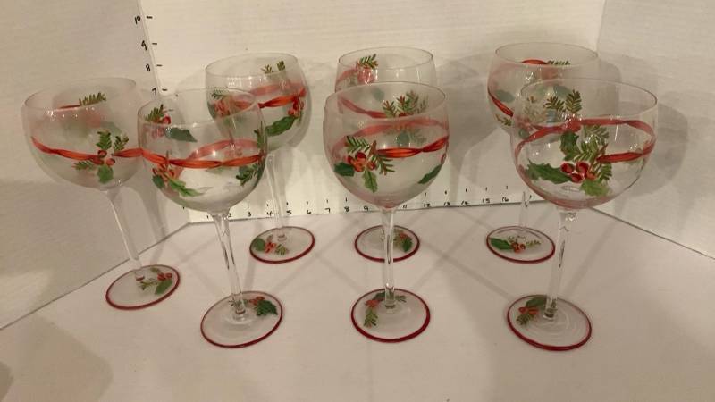 lot 2008 image: Holly and Red Ribbon Decorated Wine Glasses Set of 8