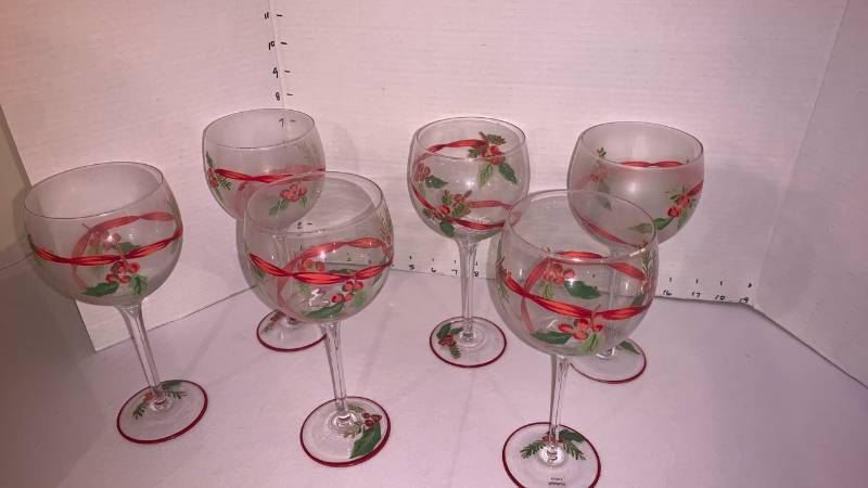 lot 2010 image: Holly Berry and Red Ribbon Stemmed Wine Glasses Set of 6
