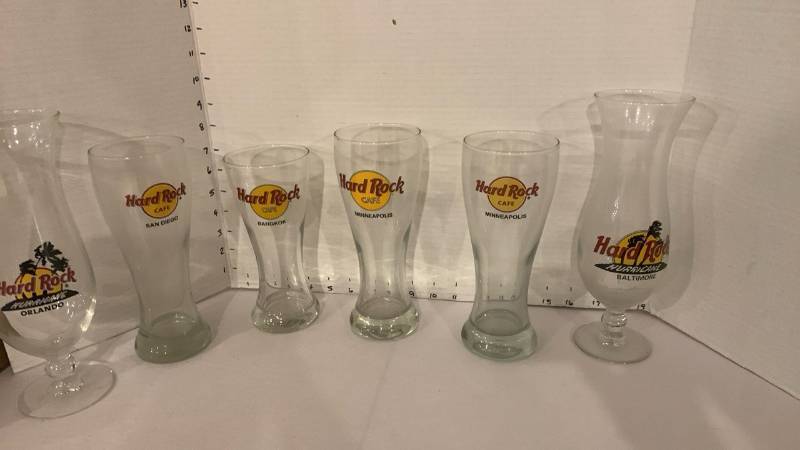 lot 2011 image: Hard Rock Cafe Glassware Lot of 6 Assorted City Logo Glasses Hurricane and Pilsner