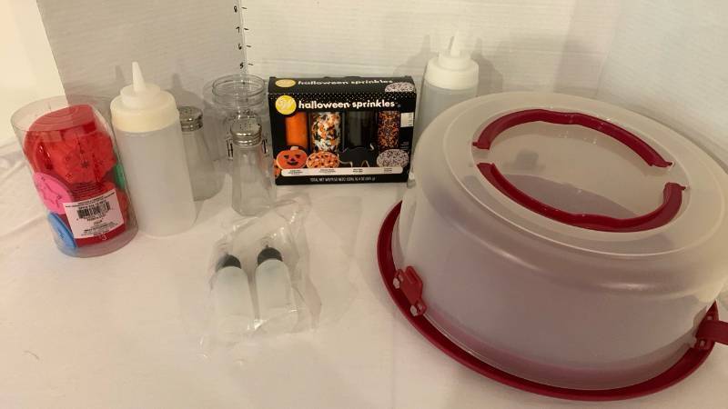 lot 2028 image: Baking and Decorating Lot Wilton Halloween Sprinkles Set, Cake Carrier, Bottles