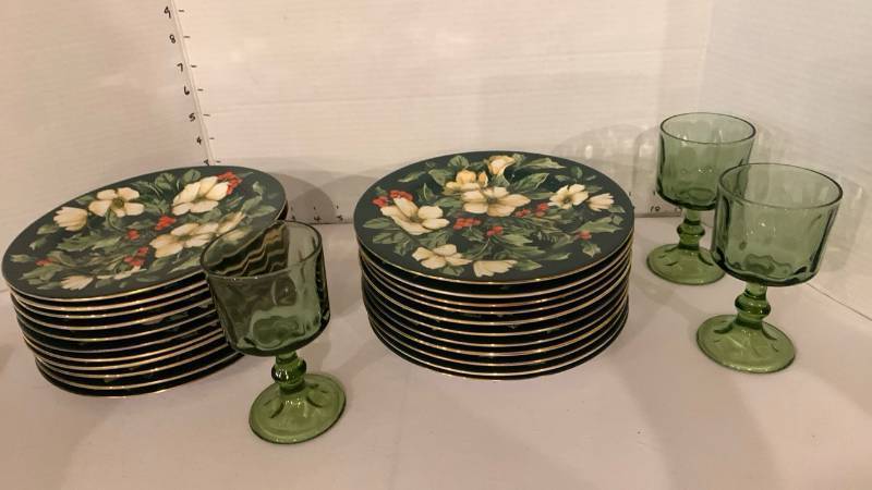 lot 2042 image: Floral Plates with Gold Rim Lot and Green Stemmed Glasses