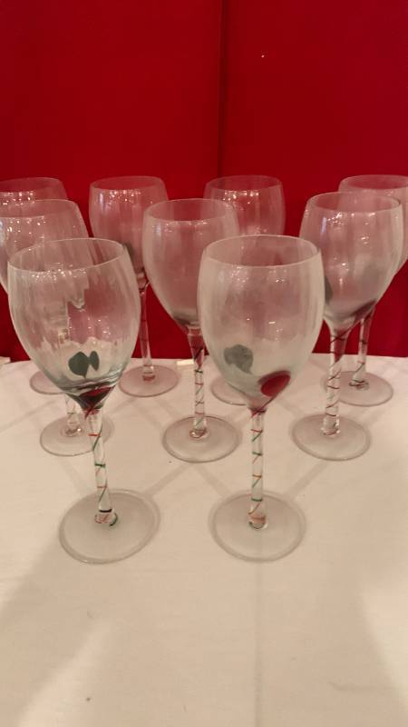 lot 2047 image: Lot of Wine Glasses Twisted Stems with Red and Green Threads