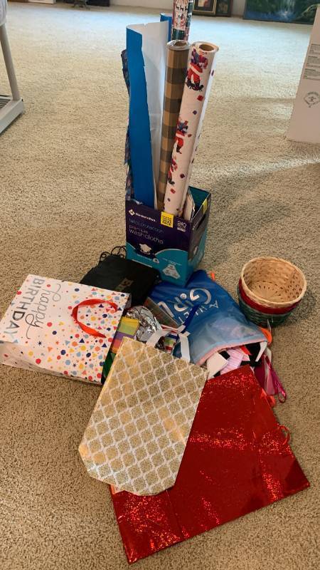 lot 2060 image: Gift wrap, tissue, paper, baskets, and bags