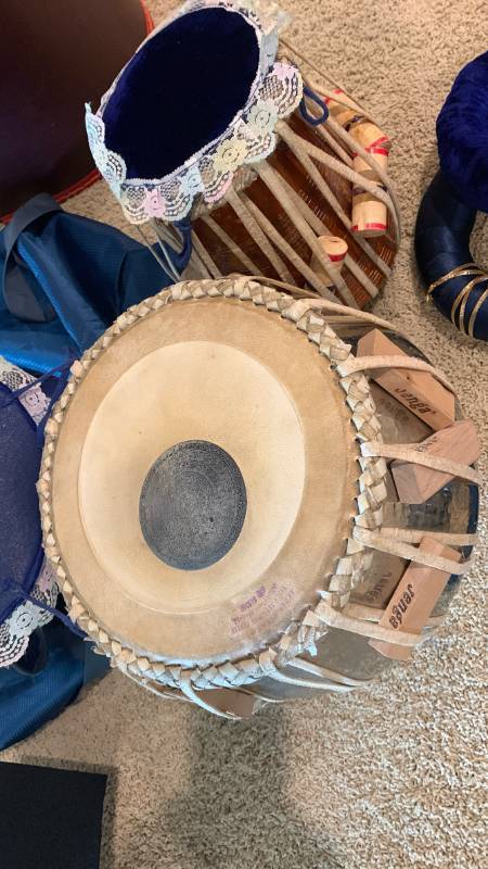 lot 2066 image: Tabla Drum Pair with Tuning Blocks and Ring Cushions