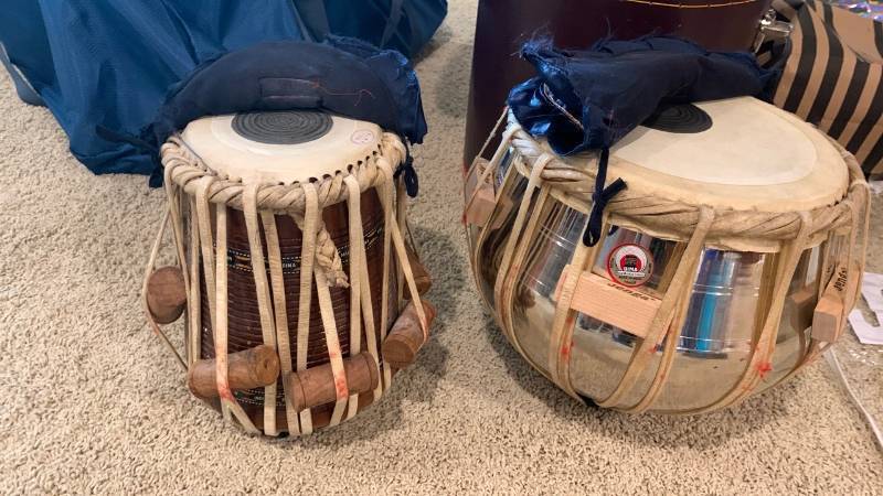 lot 2067 image: BINA Tabla Drum Set Pair with Dark Blue Covers