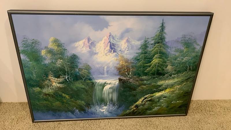 lot 2073 image: Framed Landscape Painting Waterfall Mountain Scene 36x24
