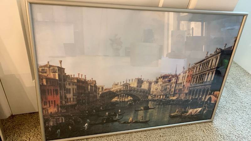 lot 2081 image: Canal Scene with Arched Bridge and Gondolas Framed decor 36x24