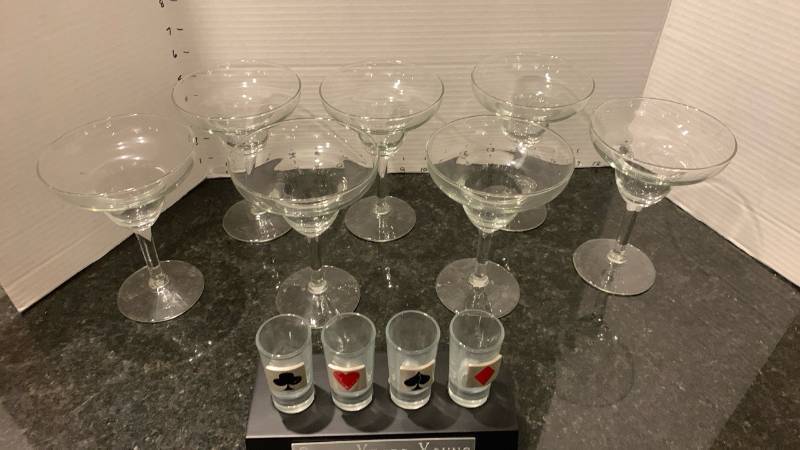 lot 2097 image: Margarita Glasses Lot with Playing Card Shot Glass Set Sixty Years Young