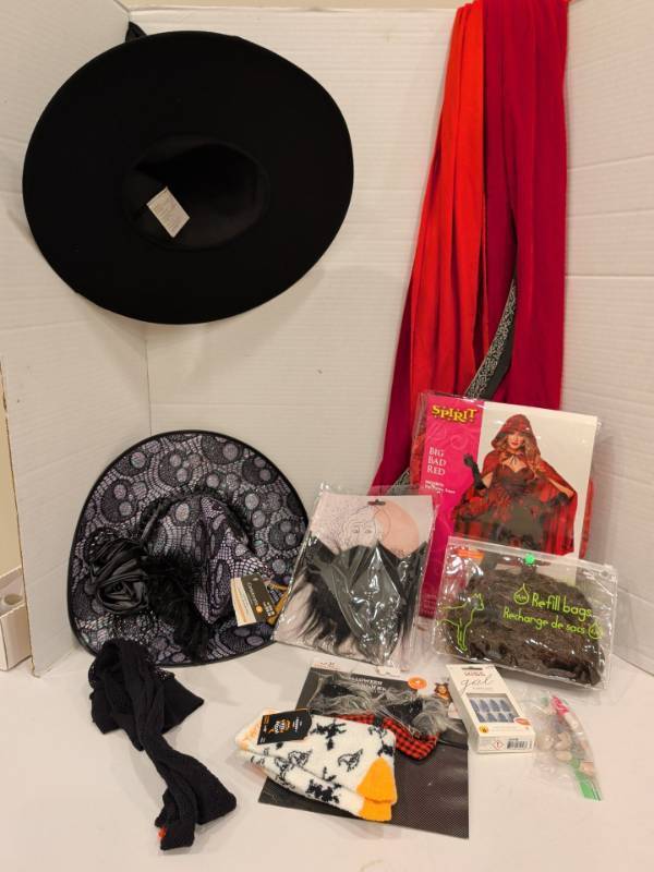 lot 2200 image: Halloween Costume Lot Spirit Big Bad Red Adult Large, Witch Hats and more