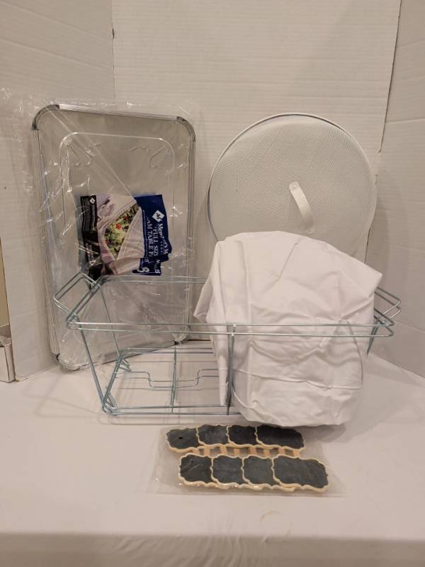 lot 2202 image: Members Mark Full Size Steam Table Pan Lids with Buffet Serving Set and 2 inflatable ice troughs