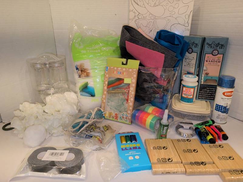 lot 2207 image: Assorted Craft Supplies Lot with Mod Podge, Krylon Glitter Spray, Vinyl Wall Art