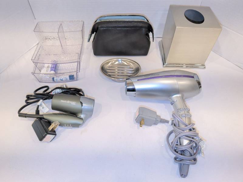 lot 2213 image: John Frieda and Travel Smart by Conair Hair Dryer Lot with Bath Accessories