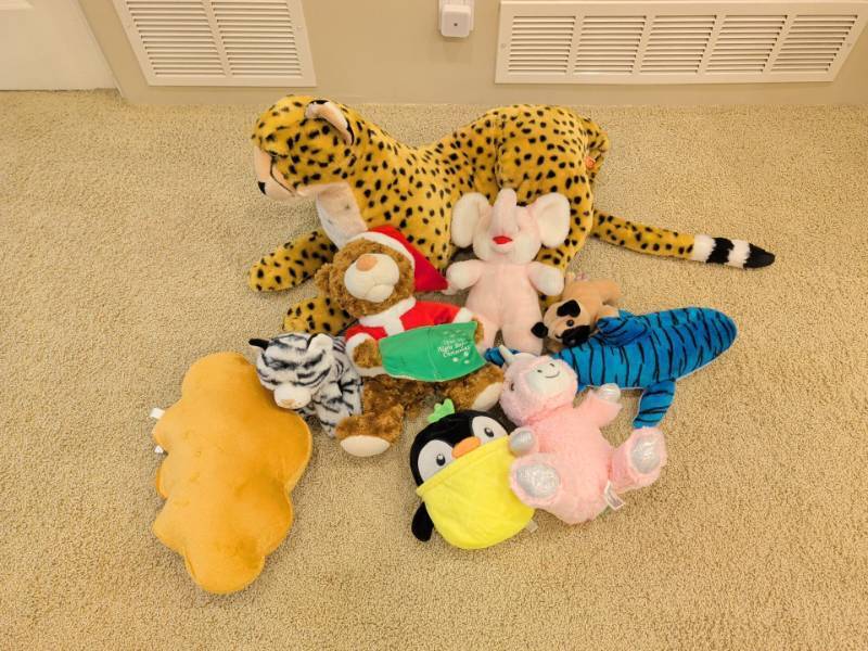 lot 2229 image: Plush Stuffed Animal Lot Cheetah Bear Unicorn Penguin Tiger Pug Elephant