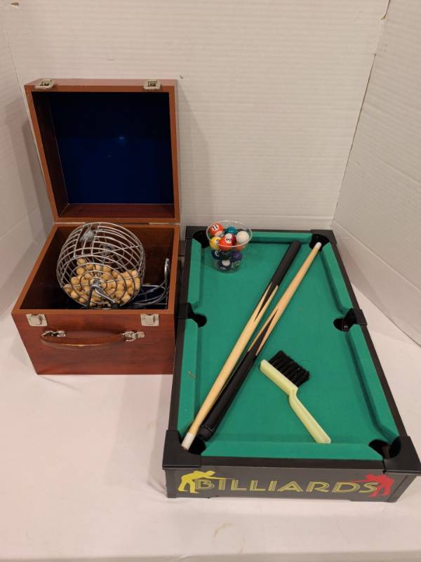 lot 2230 image: Bingo Cage with Balls in Carry Case and Tabletop Billiards Set Lot