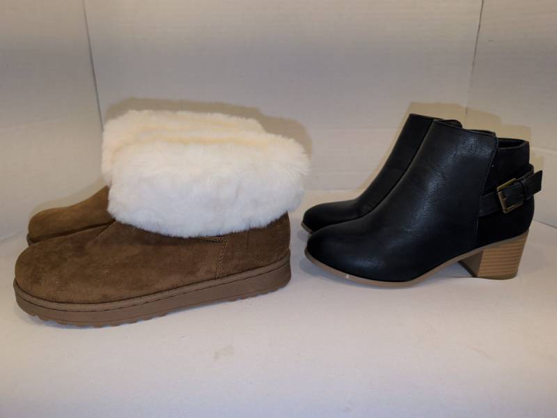 lot 2238 image: Ankle Boots Lot of 2 Pairs Brown Fur-Cuff size 7.5 and Navy Buckle Strap Block Heel size 6
