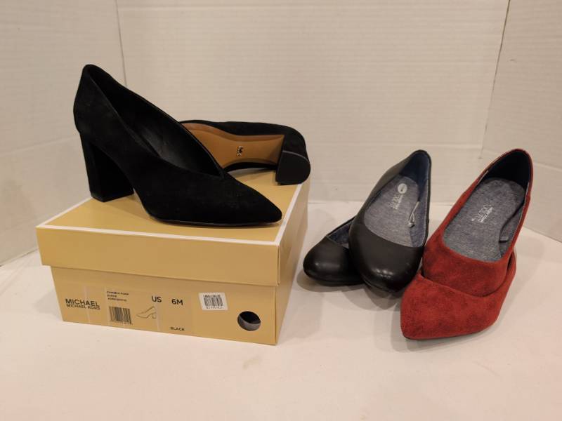 lot 2239 image: Michael Kors Cambria Suede Pump US Size 6M and 2 pair of Dr. Scholls 6.5 flats