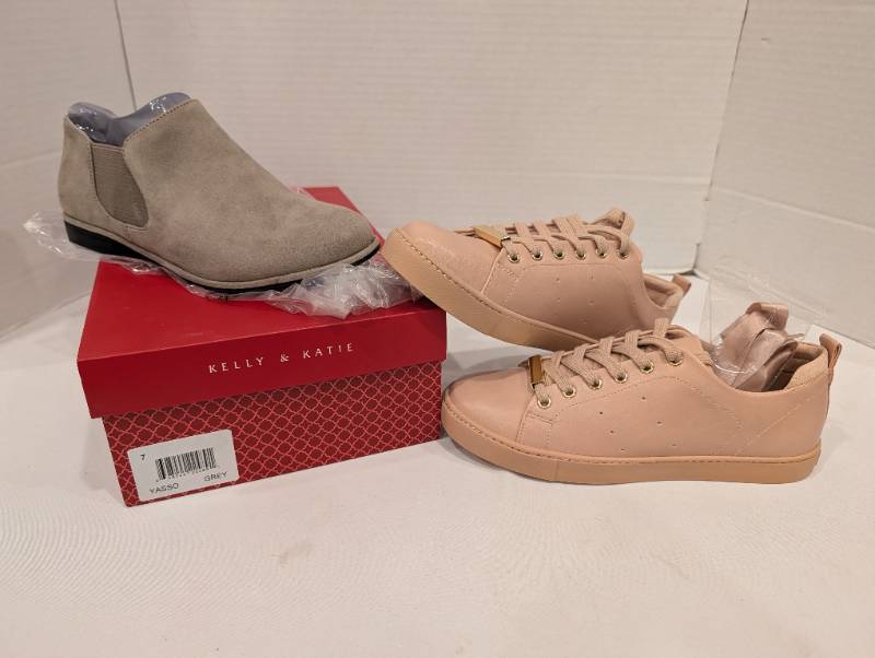 lot 2250 image: Kelly & Katie Yasso Grey Ankle Boot Size 7 and Aldo 6.5 pink sneakers