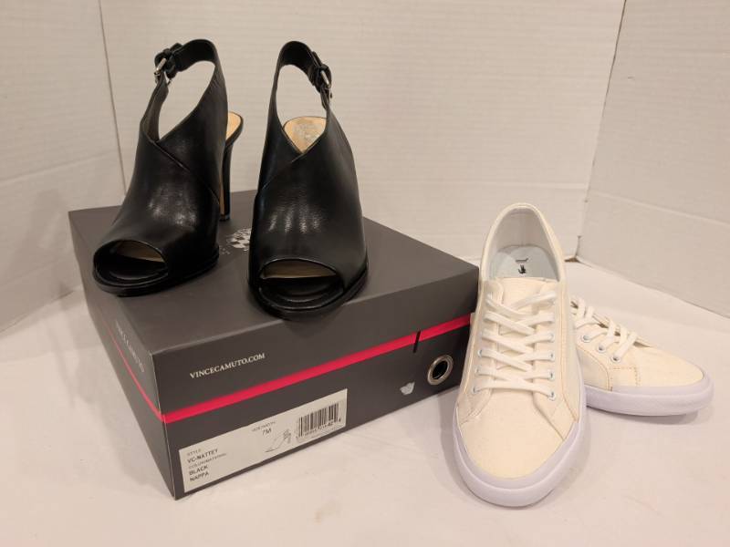 lot 2251 image: Vince Camuto black leather Peep Toe Slingback Heels Size 7M and Lacoste 6.5 sneaker