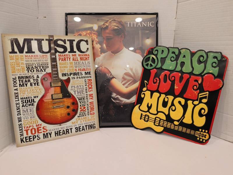 lot 2267 image: Lot 3 Wall Signs MUSIC Guitar, PEACE LOVE MUSIC, Framed TITANIC Poster 20x16in