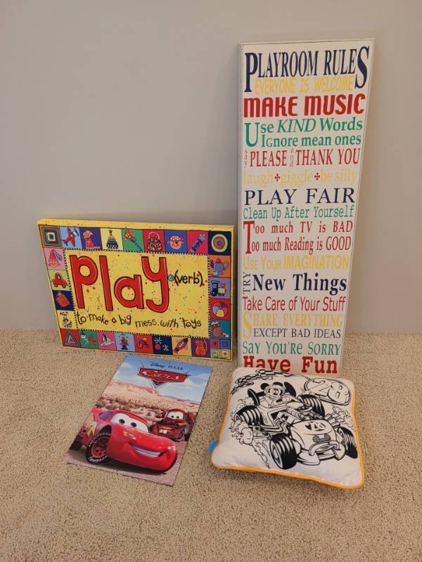 lot 2268 image: Disney Pixar Cars Sign, Mickey Mouse Pillow and Playroom Signs Lot of 4. Largest wall decor is 37x12