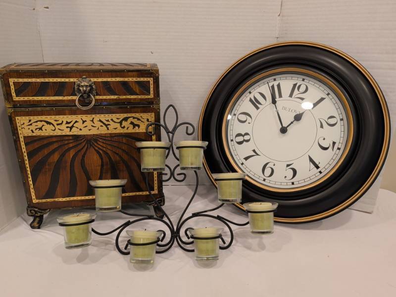 lot 2275 image: Bulova Round Wall Clock with Chest Box and 8-Cup Candle Holder