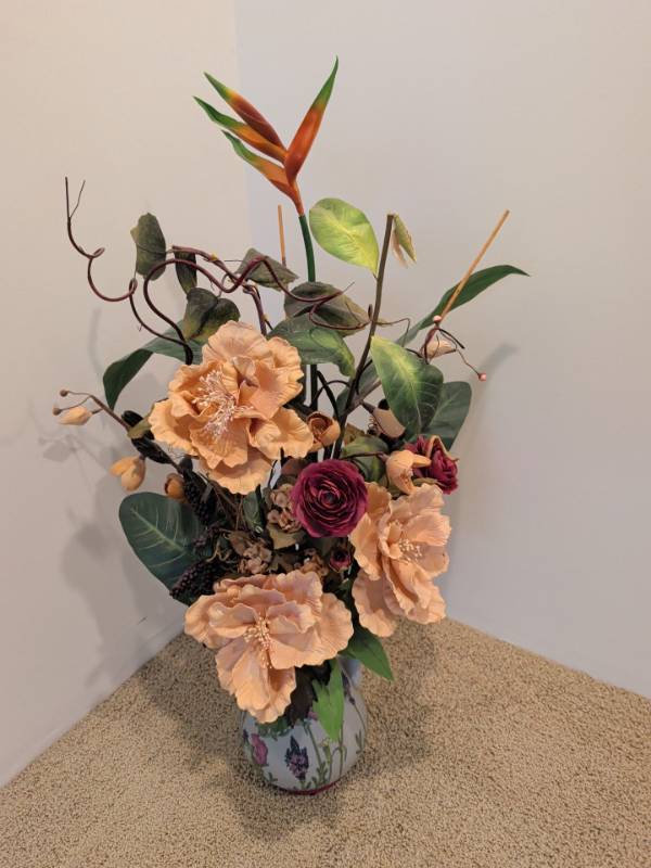lot 2277 image: Artificial Flower Arrangement with modern Floral Print Pitcher Vase