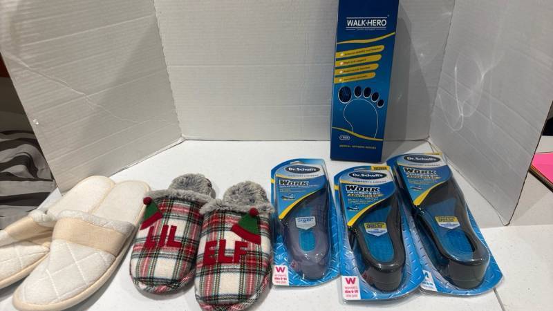 lot 2303 image: Dr. Scholls Work Massaging Gel Insoles Lot with WALK-HERO Insoles and slippers
