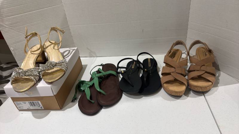 lot 2304 image: Jessica Simpson heels Size 7.5, Clarks, and leather sandals