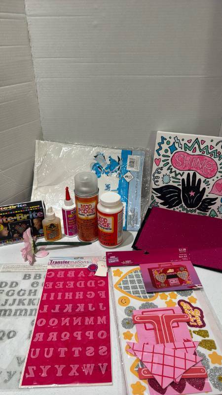 lot 2311 image: Craft Supplies Lot Mod Podge, Gorilla Glue, Transfermations, Lite-Brite Mini, Poster Board and more