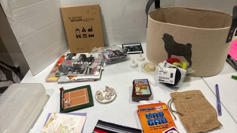 lot 2317 image: Mixed Household Lot Books, Card Games, Fabric Basket, Miniature Tea Set, Cards and more