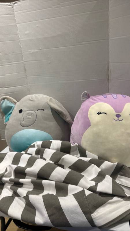 lot 2324 image: Plush Stuffed Animal Lot Elephant and Lavender Animal Toys with Striped storage rip on bag