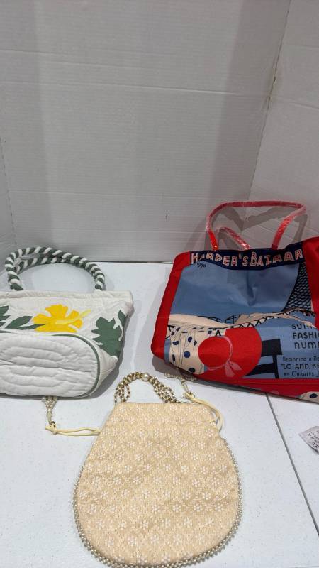 lot 2381 image: Lot of 3 Handbags Harpers Bazaar Tote, Floral Applique Bag, Beaded Pouch