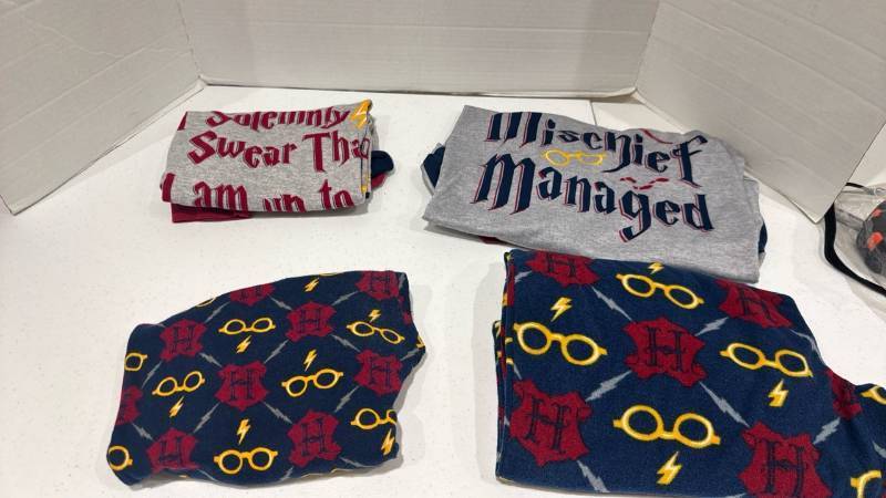 lot 2393 image: Harry Potter Themed Pajama Sets Lot of 2 Gray Tops and Printed Bottoms size m and l