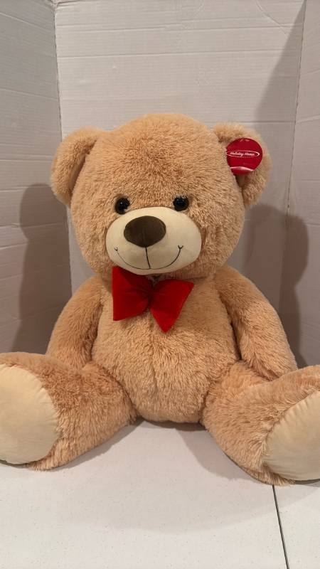 lot 2449 image: Large Holiday Home Teddy Bear Plush Stuffed Animal with Red Bow tie 23 inches tall sitting