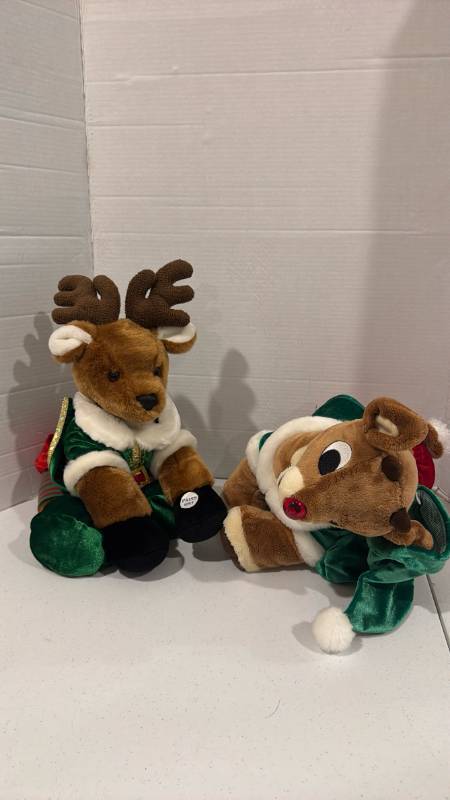 lot 2453 image: Plush Reindeer Toy Lot of 2 Green Outfits Red Nose