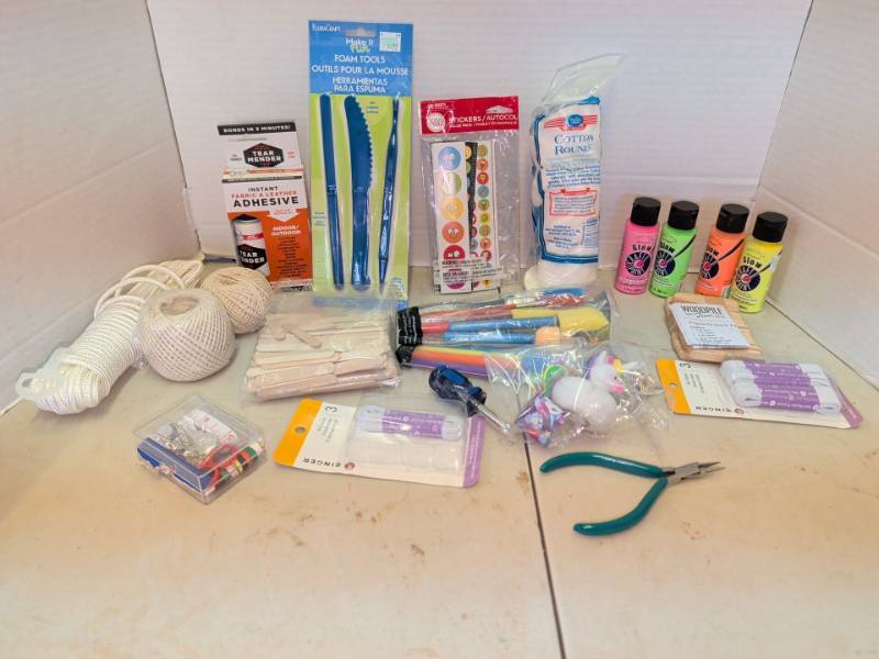 lot 3105 image: Mixed Craft Supply Lot Foam Tools Cotton Rounds Stickers Glow Paint