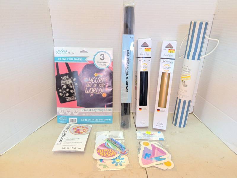 lot 3112 image: Craft Lot Jolees Glow Transfer Sheets, Chalkboard Vinyl, Iron-On Vinyl, Stickers