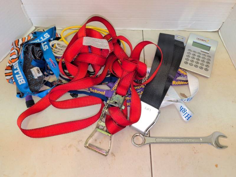 lot 3116 image: Lanyards, Red Ratchet Strap, Combination Wrench, and more