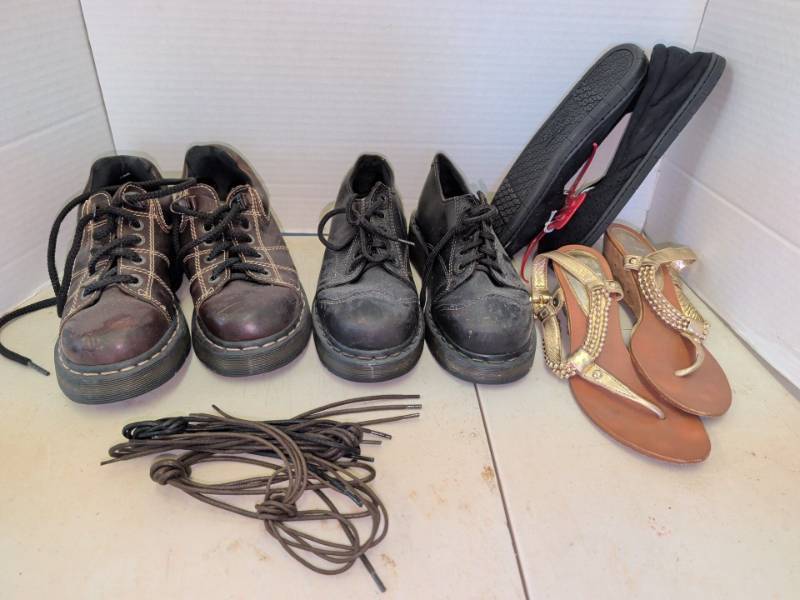 lot 3117 image: Womens Shoes Including Dr. Martins, Slip-Ons and Wedge Sandals sizes 6.5-7