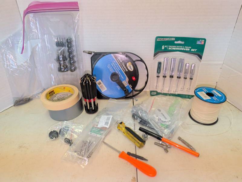 lot 3205 image: Assorted Tool and Hardware Lot with Masterforce 6 Pc Screwdriver Set 237-7924