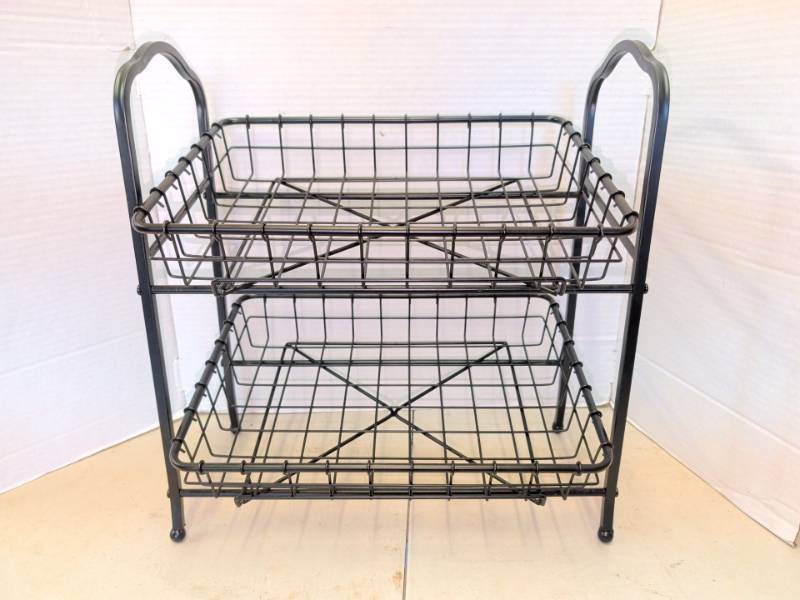 lot 3207 image: 2 Tier Black Wire Basket Storage Rack 18x17x12