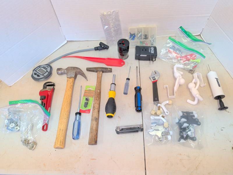 lot 3209 image: Assorted Hand Tools Lot with Hammers, Pipe Wrench, Screwdrivers, Slime Gauge